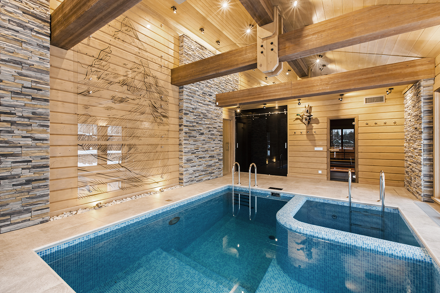 Фото интерьера, бассейн площадью 40 кв.м. в стиле Шале (Швейцария). Проект 20 - Охотничий дом, Автор проекта: Дизайнеры Наталия Сморгонская