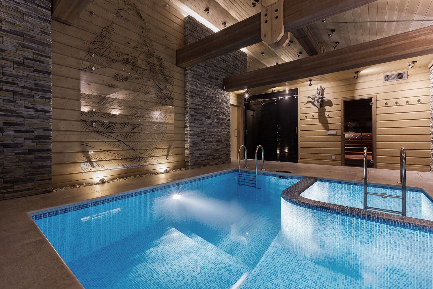 Фото интерьера, бассейн площадью 40 кв.м. в стиле Шале (Швейцария). Проект 23 - Охотничий дом, Автор проекта: Дизайнеры Наталия Сморгонская
