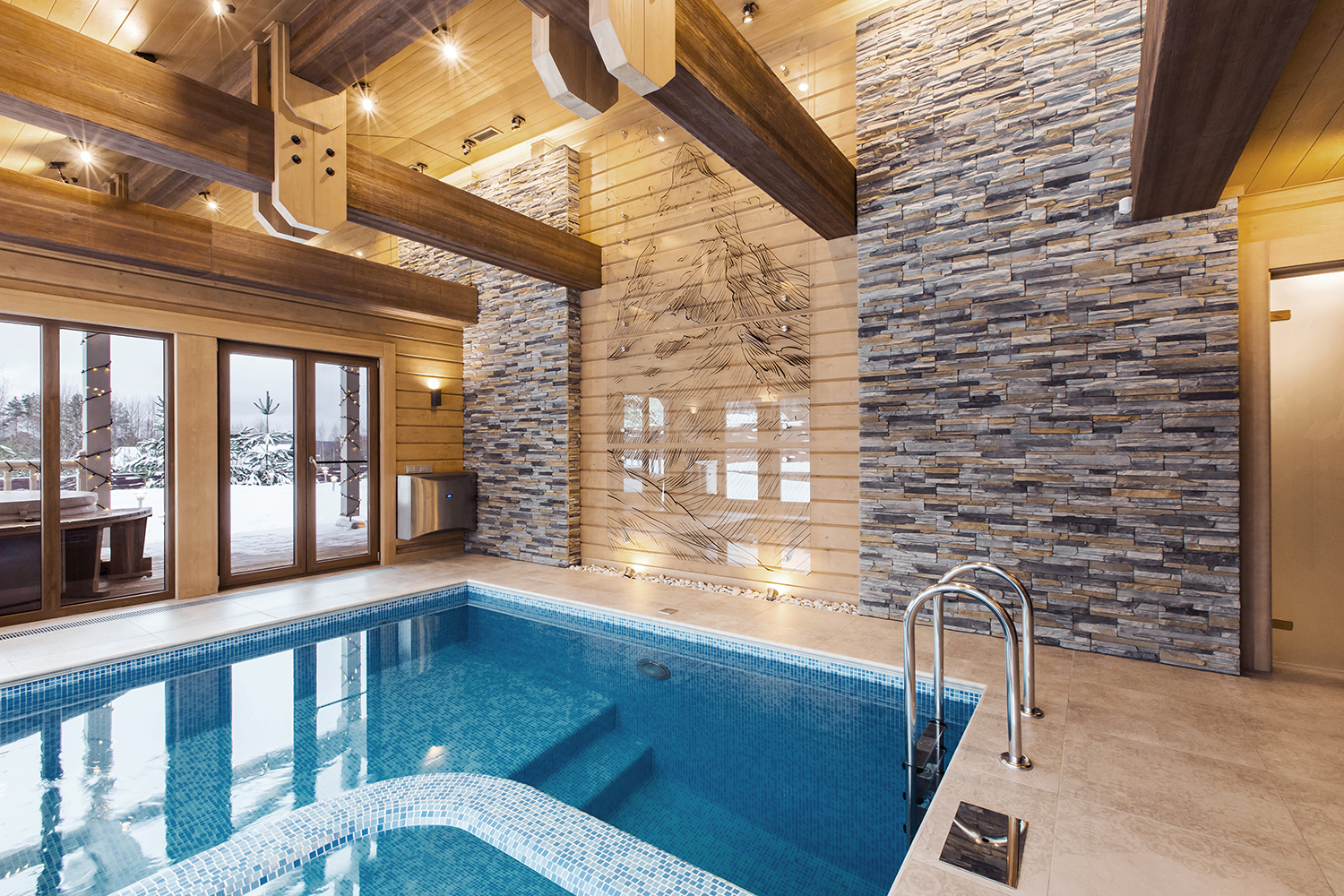 Фото интерьера, бассейн площадью 40 кв.м. в стиле Шале (Швейцария). Проект 14 - Охотничий дом, Автор проекта: Дизайнеры Наталия Сморгонская