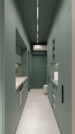 Узкая кухнякоридор в минималистичном стиле