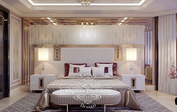 Дизайн-проект интерьера спальни в стиле ар-деко в гостевом доме в поселке Гринфилд